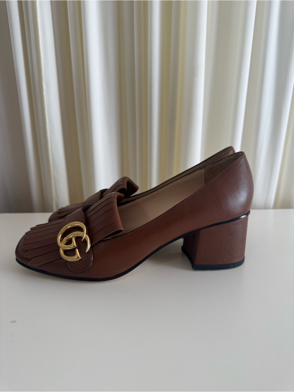 Gucci GG Kiltie Fringe Pump Brown Leather Mid-Heel Loafers with Gold Hardware